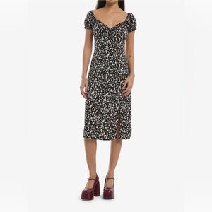 Black Floral Midi Dress with Puff Sleeves and Side Slit